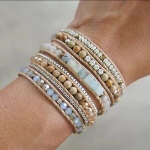 NWOT Handmade Natural Amazonite and Jasper Stone Wrap Boho Bracelet